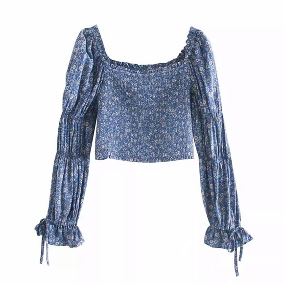 Gypsy Boho Floral Print LongSleeve CropTop Shirred - Picture 5 of 15